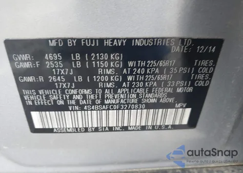 2015 Subaru Outback 2.5I Premium z USA, uszkodzony, nr VIN 4S4BSAFC0F3270830